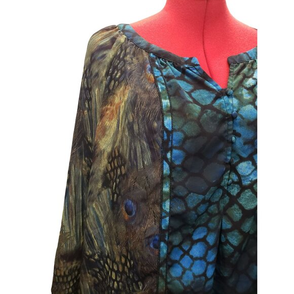New Directions Woman Tunic Top 3X Peacock Feather Print 100% Polyester Flowing - Picture 2 of 7